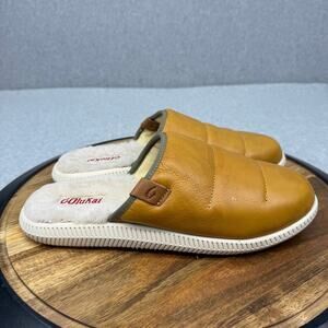 OluKai Mua 'Ili Slippers Men's 9 Leather Shearling Lined Mule Slip On Shoes